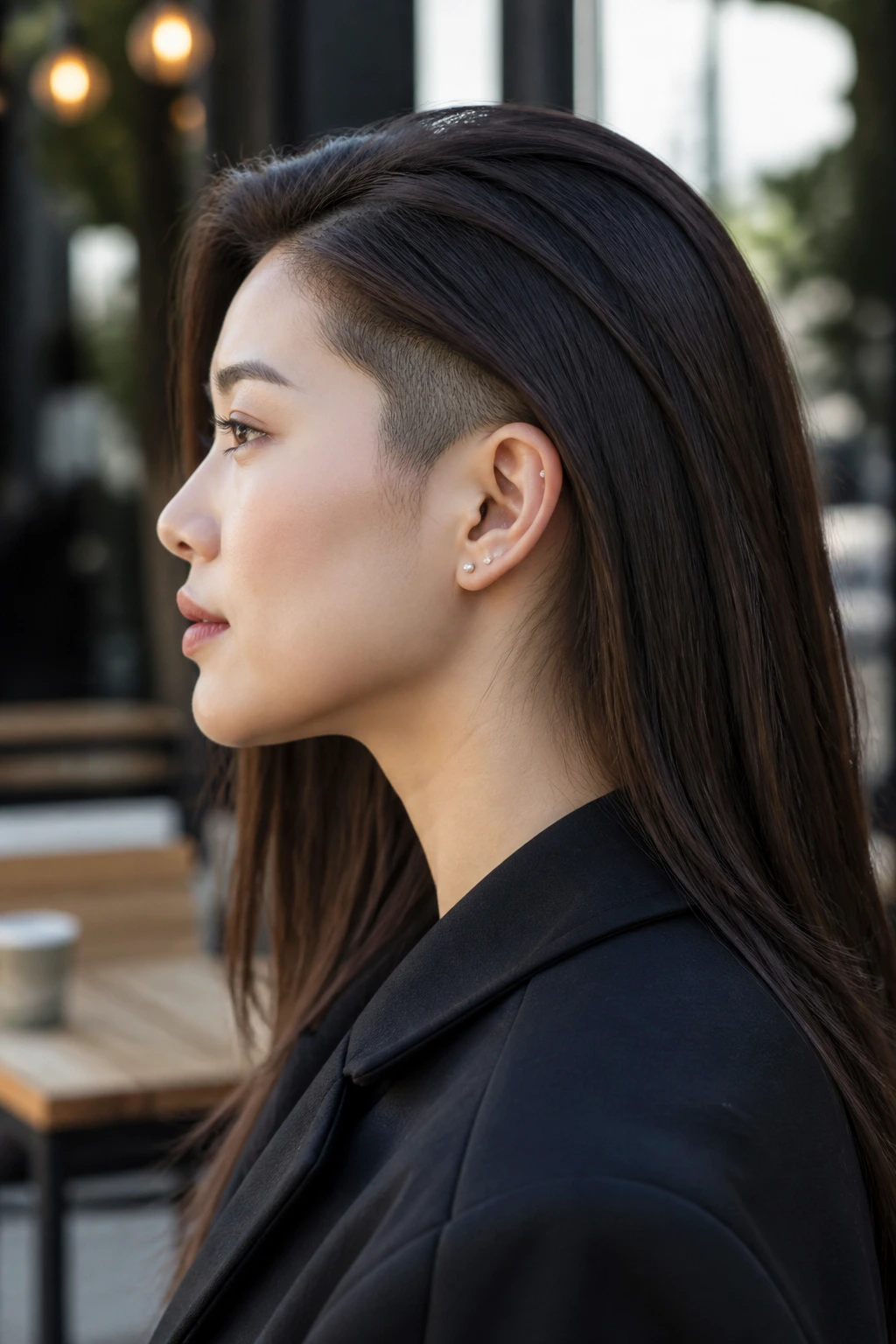 Side-profile of a real woman with hidden espresso undercut at the nape