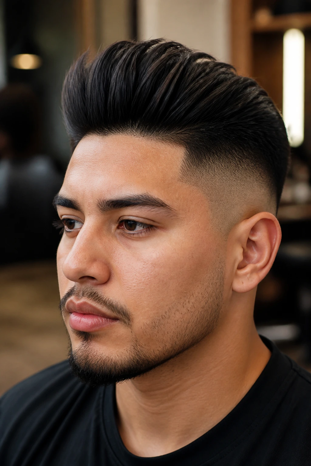 Close-up of a real person with an undercut fade hybrid hairstyle in barbershop lighting