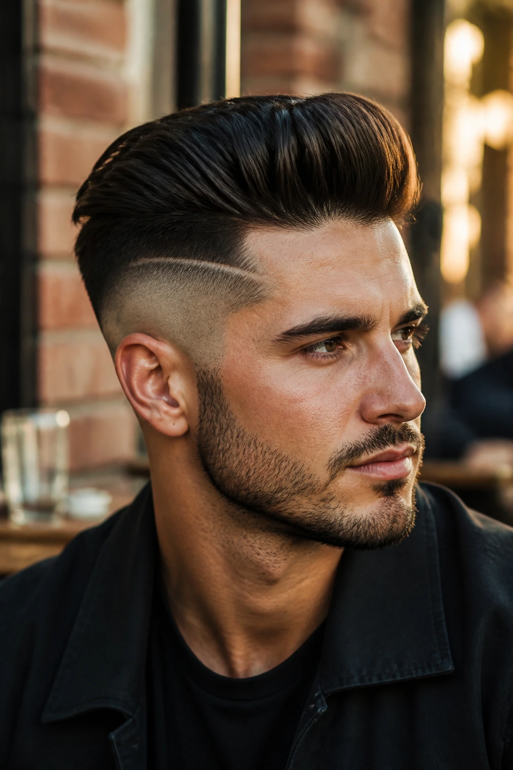 Close-up portrait of a man with a high skin fade and undercut line