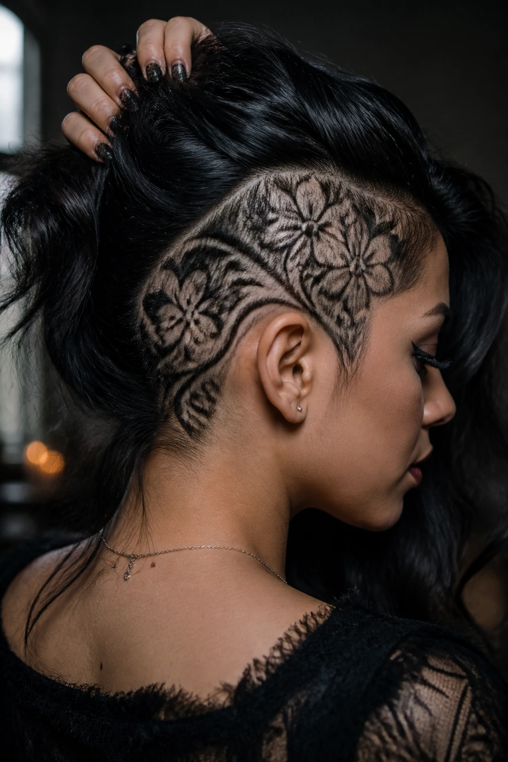 Latina woman with half-shaved undercut floral designs visible from side profile