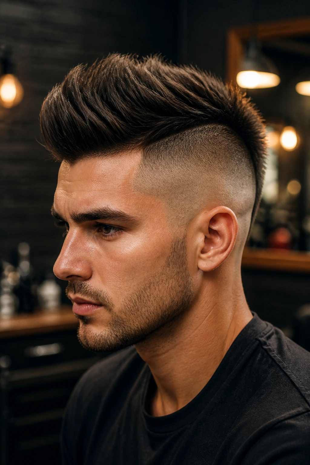 Close-up portrait of The Undercut Fohawk with shaved sides and a longer top on a real person.