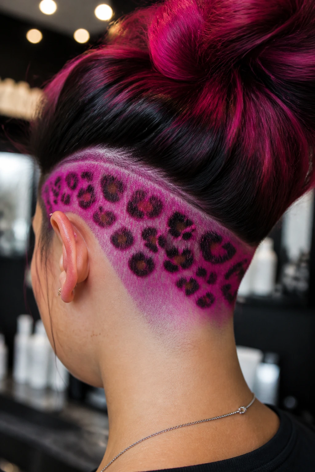 Close-up of a real person with a leopard-stenciled undercut on the nape