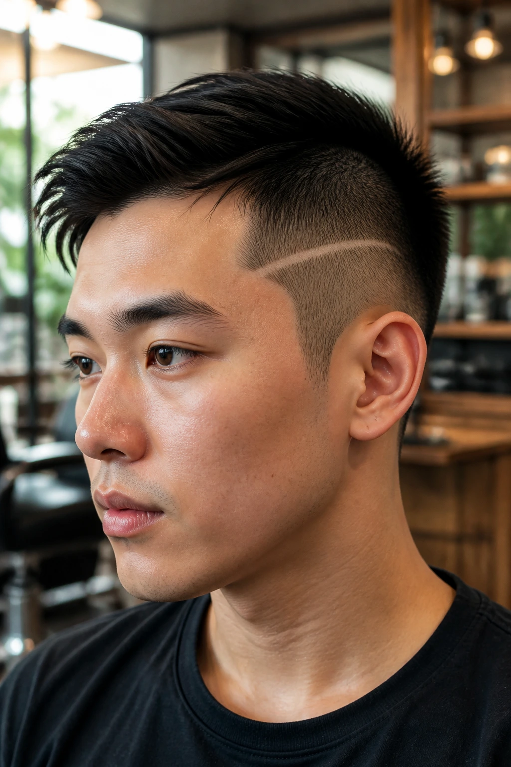 Close-up portrait of a real person showing a minimalist shaved line on the side of the head.