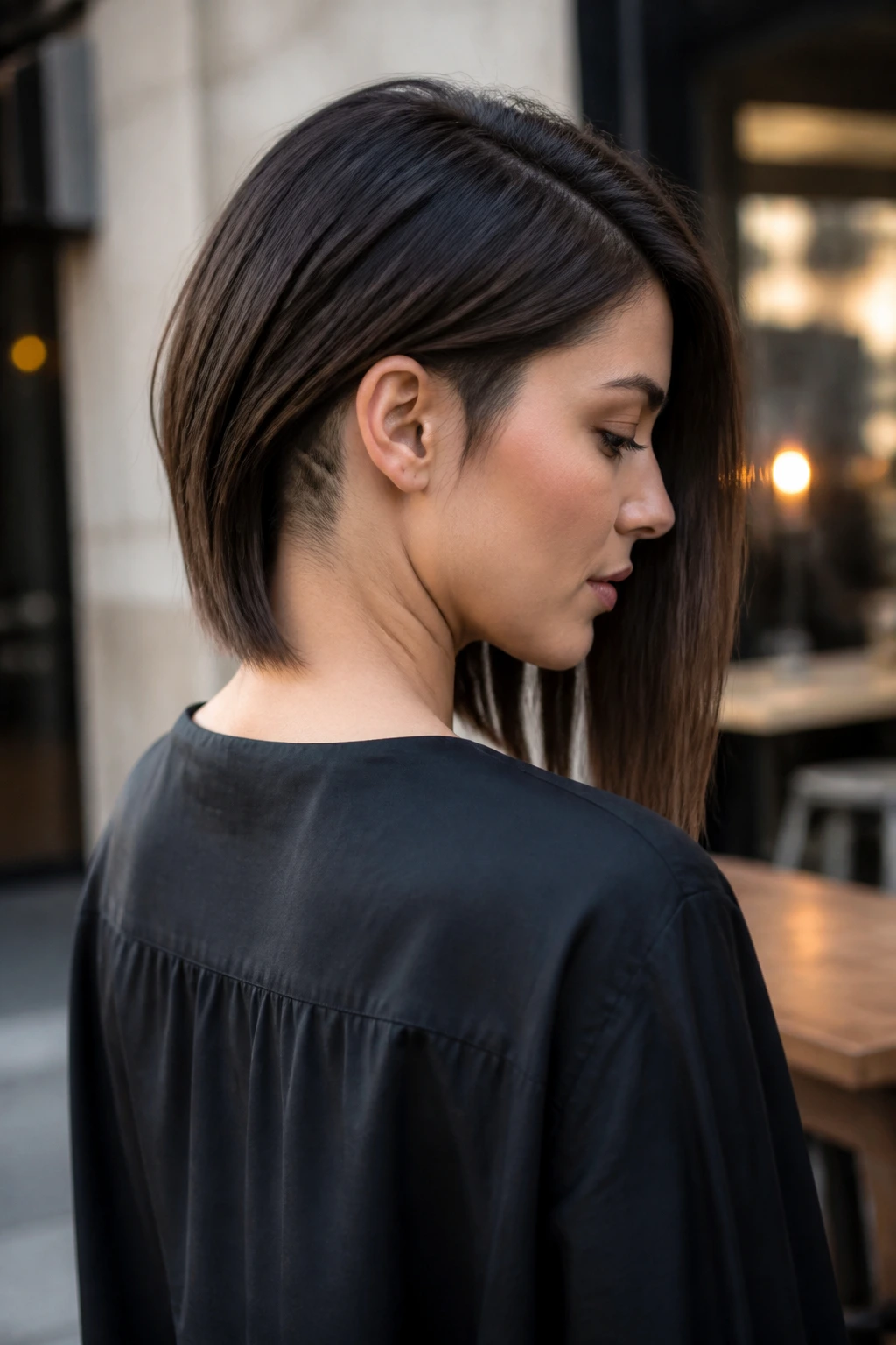 Portrait of person with undercut long bob showing nape undercut