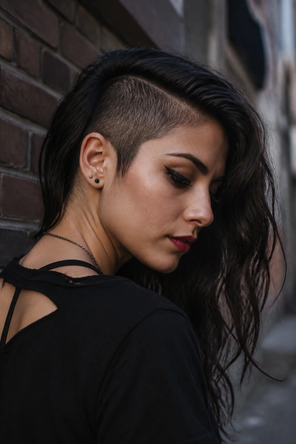 Portrait of a real woman with an undercut and long layered top against a brick alley