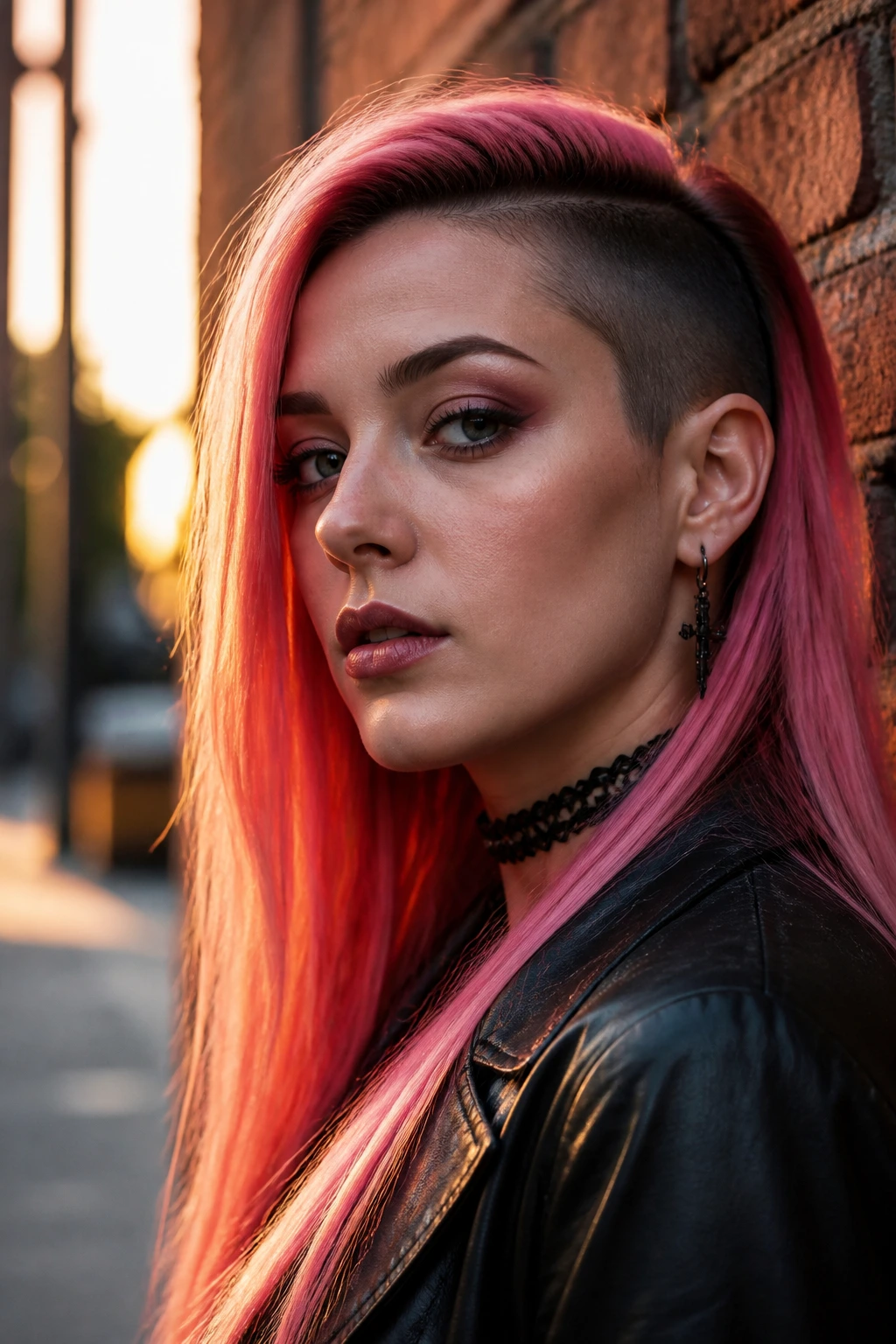 Portrait of a real woman with an asymmetrical undercut and pink long hair