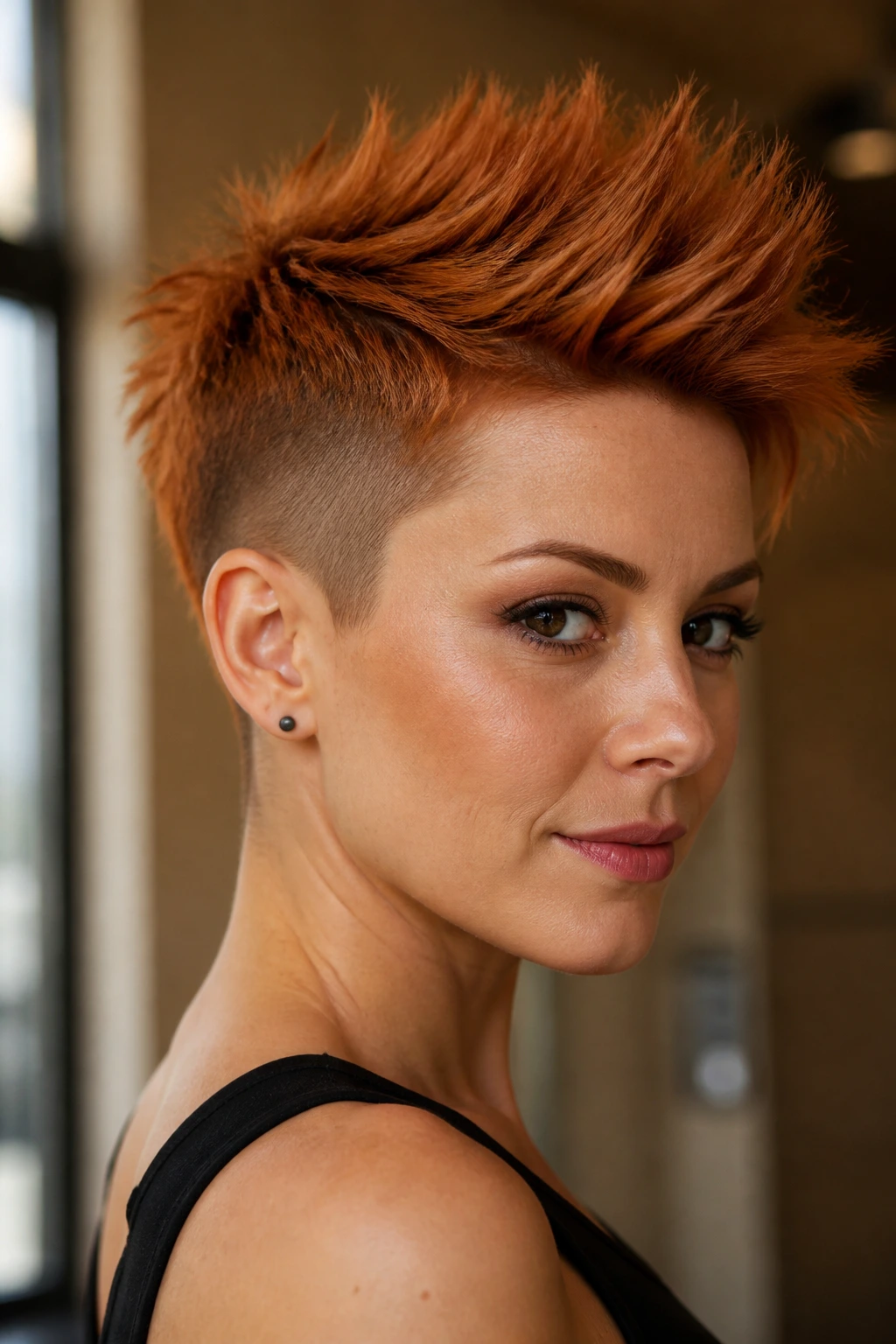 Close-up portrait of a real woman with an undercut pixie and copper spikes