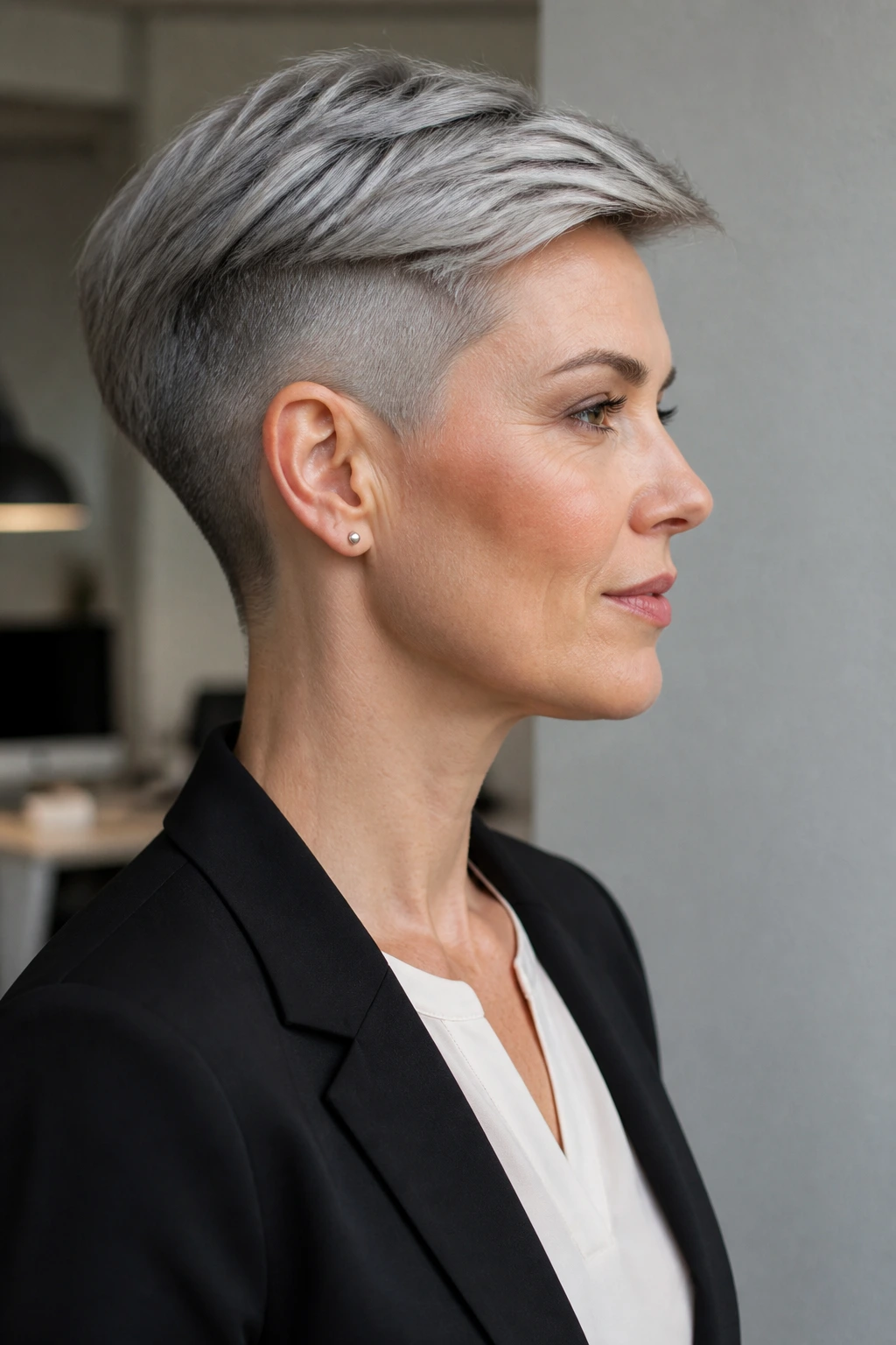 Profile portrait of a real woman with an chic undercut pixie in an office