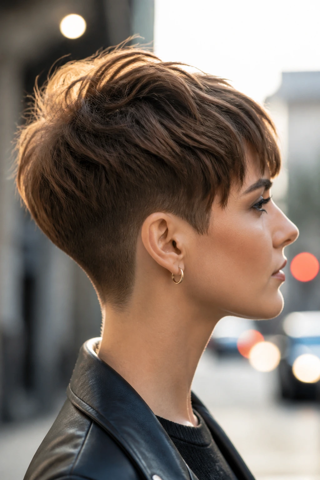 Profile close-up of a real person with an undercut pixie hairstyle showing shaved nape.