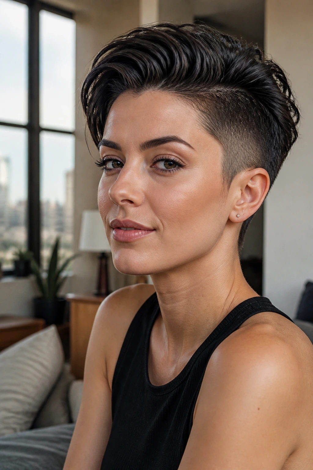 Close-up portrait of a woman with an undercut pixie hairstyle.