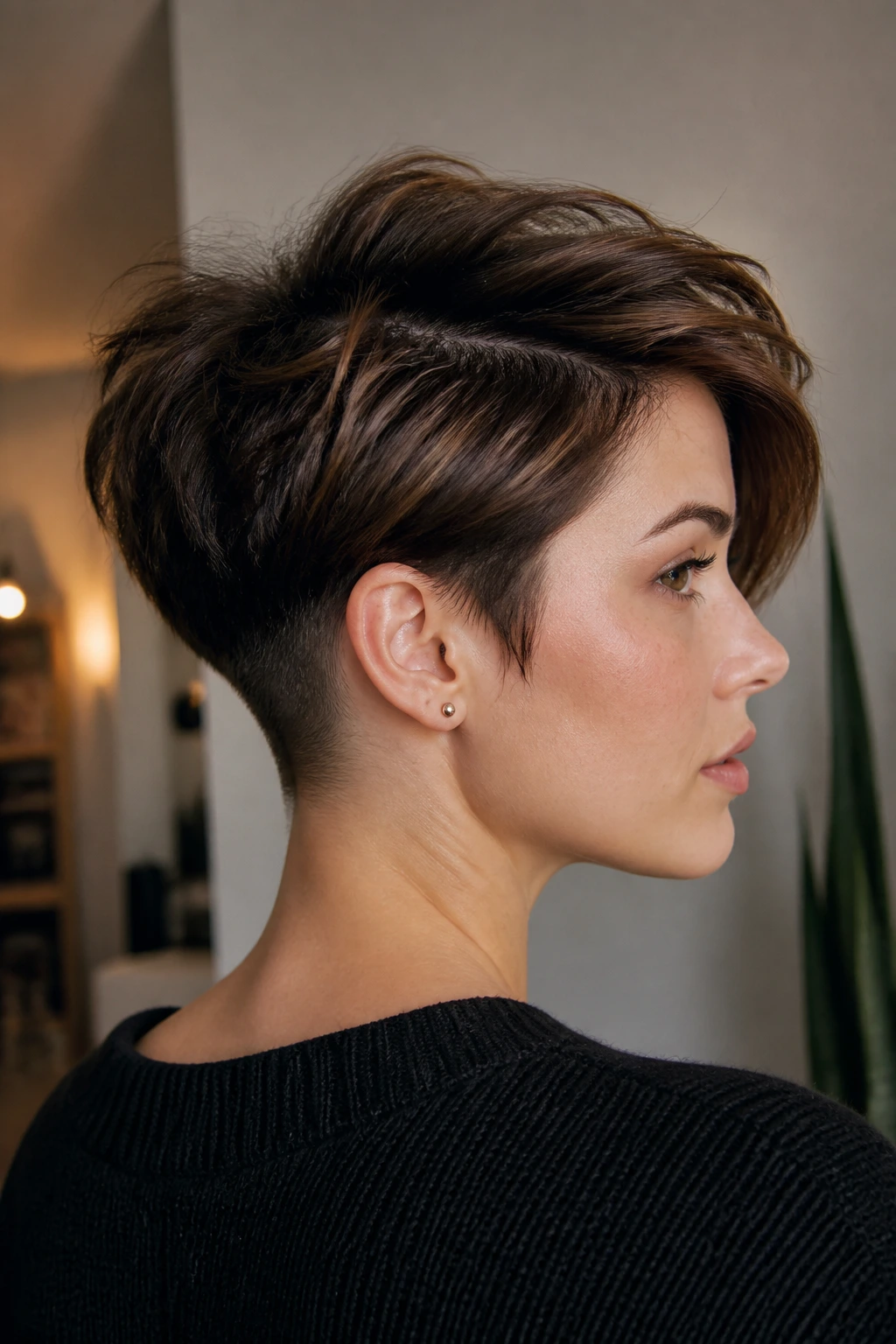 Close-up of a real person with an undercut pixie at the nape and voluminous top