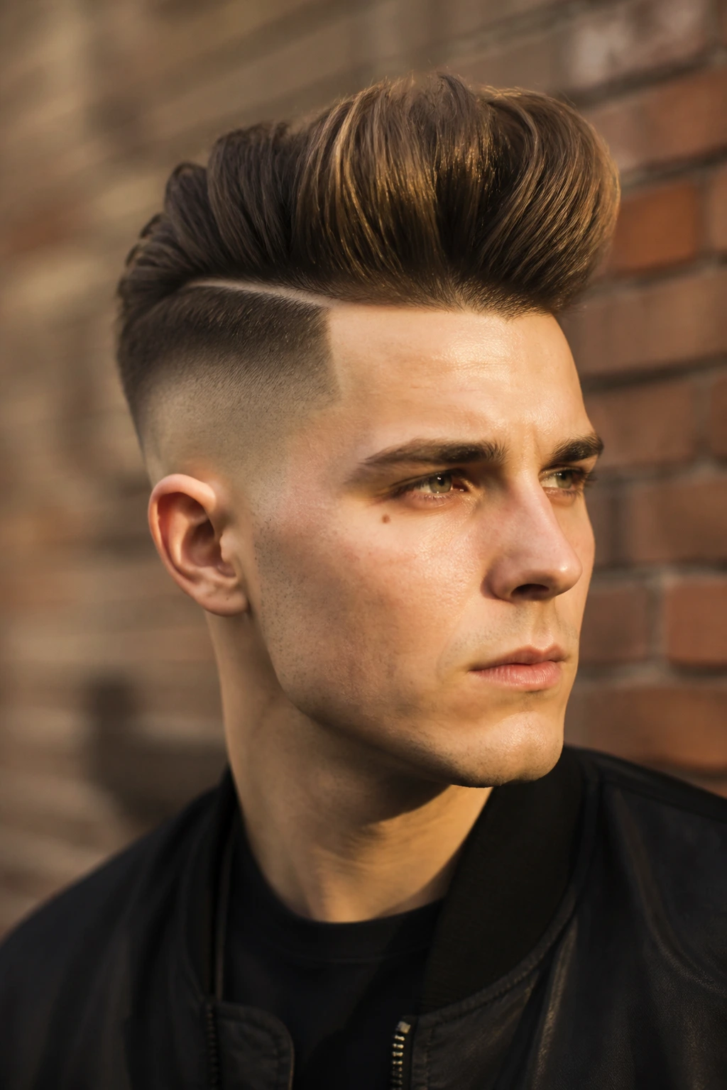 Close-up portrait of a real person with a disconnected undercut pompadour and sharp side line