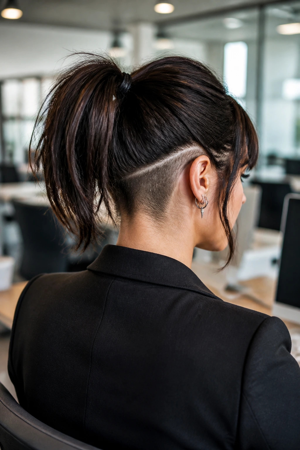 Three-quarter back portrait of a real woman showing an undercut under her ponytail