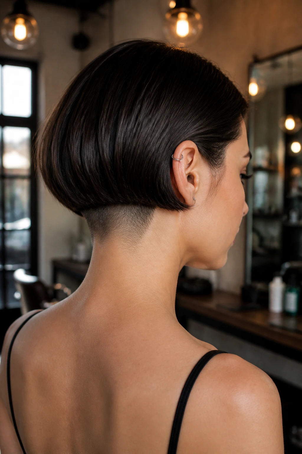 Back and side view of real woman with shaved undercut at the nape