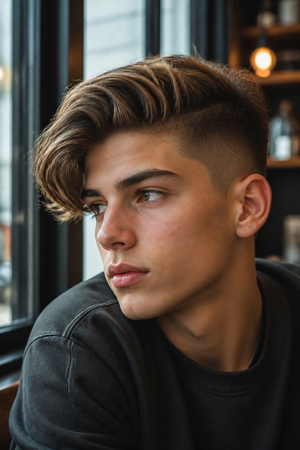 Close-up of teenage boy with side-swept undercut in cafe daylight