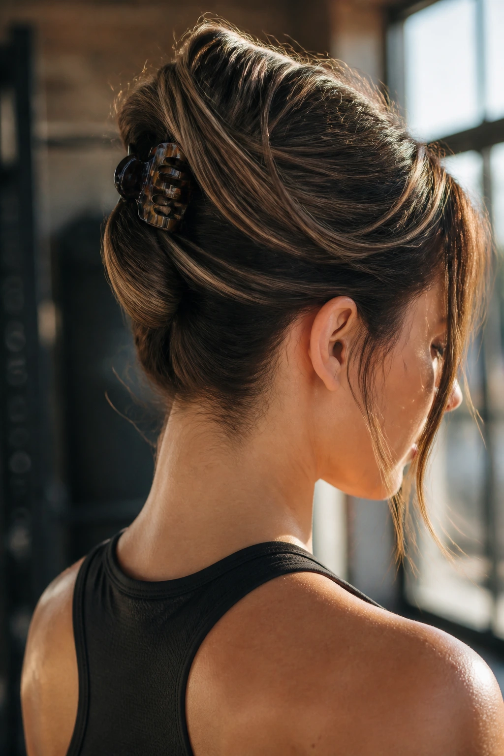 Real person with an undercut twist hairstyle secured by a claw clip