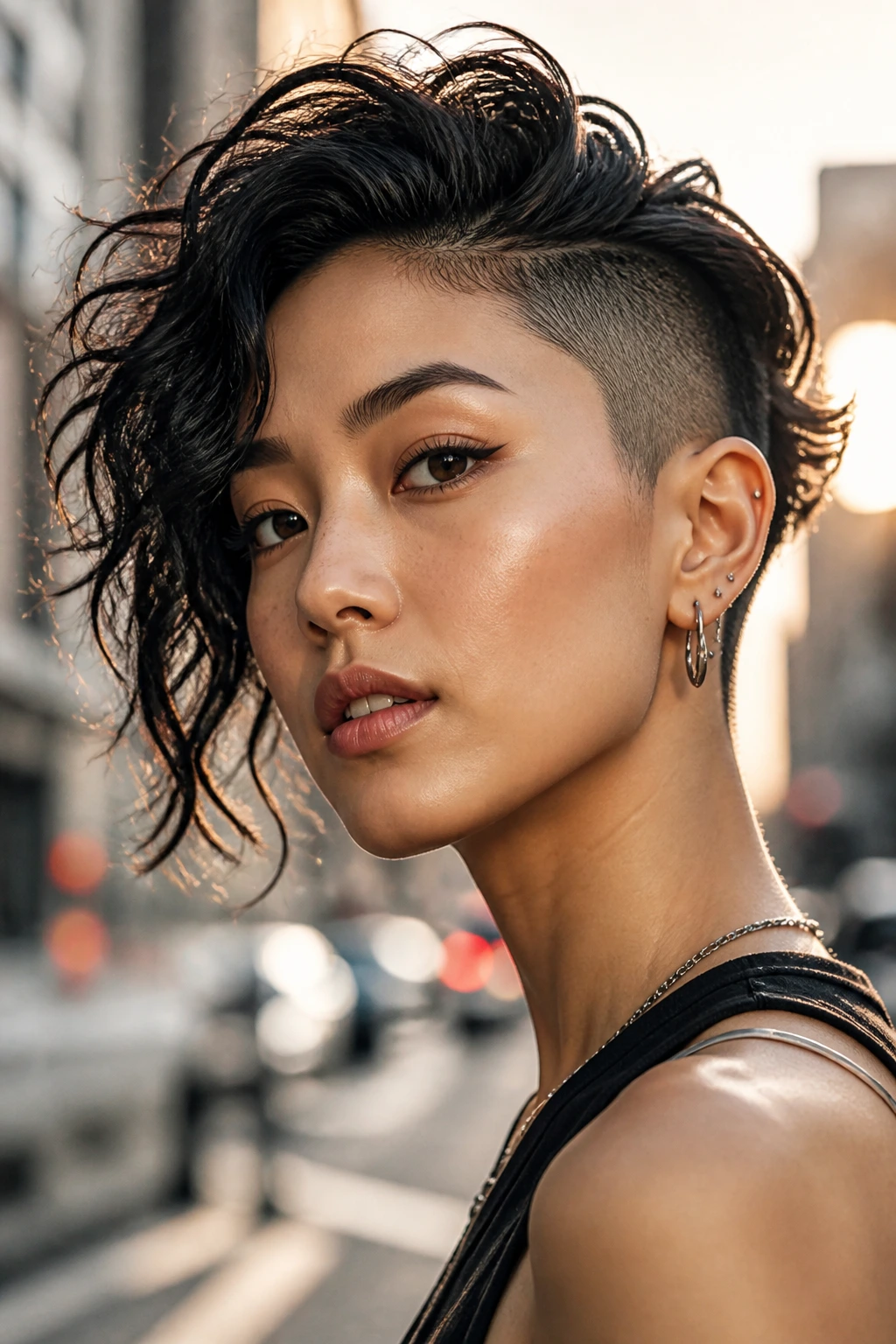Portrait of an Asian person with a half-shaved undercut and loose waves.
