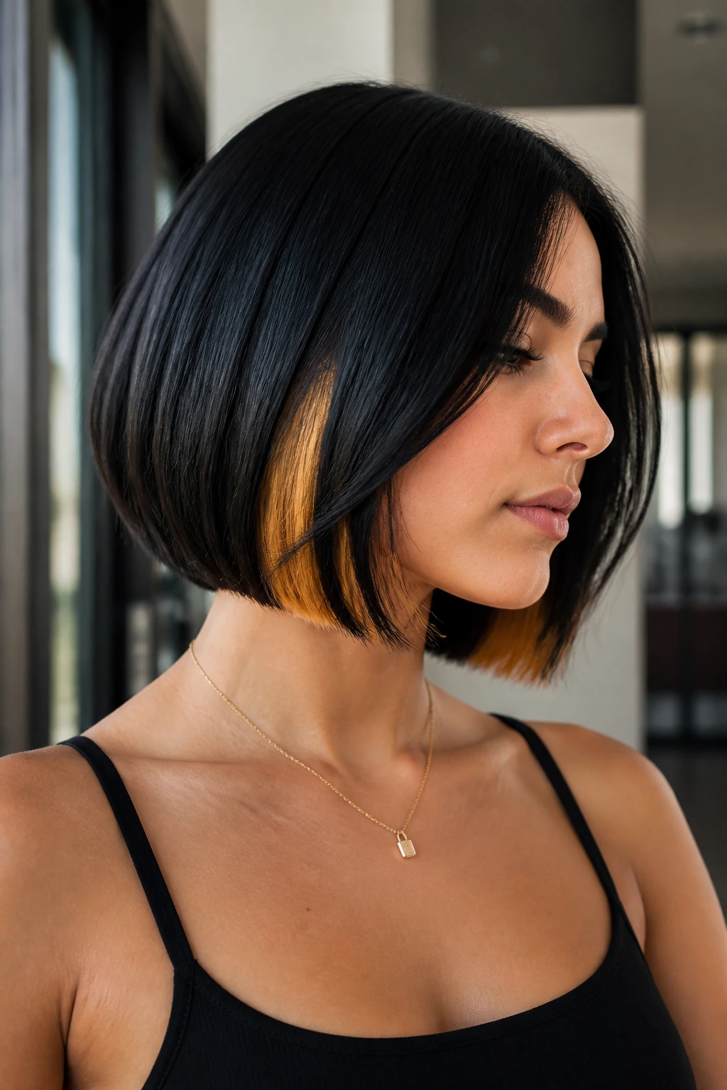 Portrait of a real person with a sleek black bob and hidden gold underlights