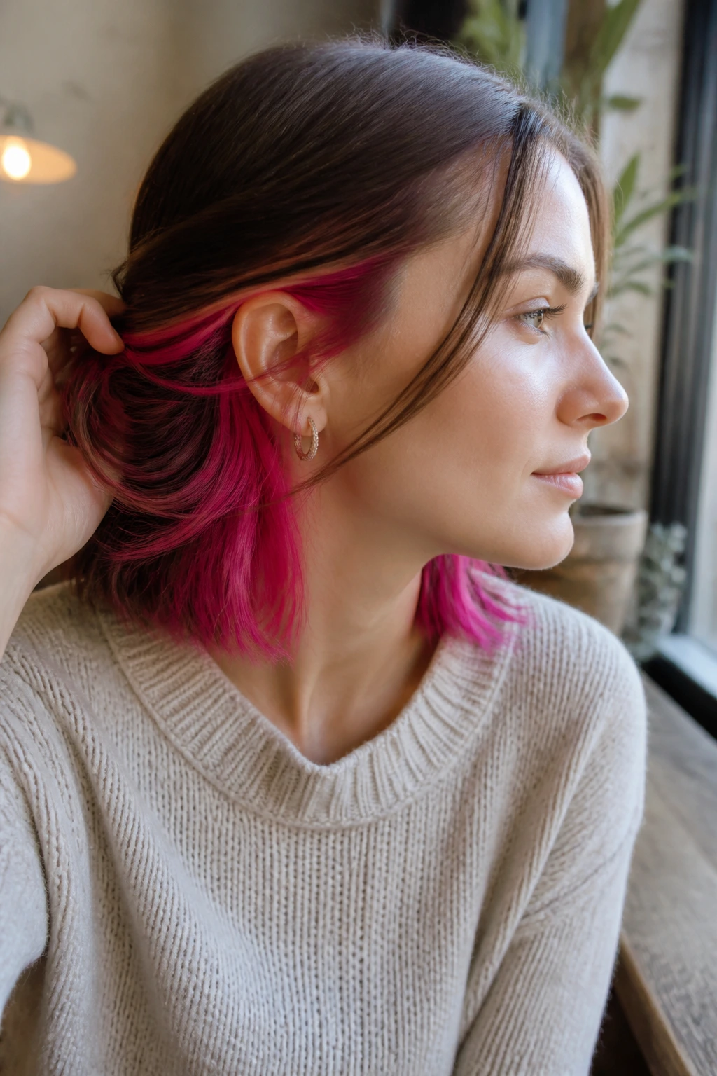 Portrait of a woman with neon pink underlights at the nape