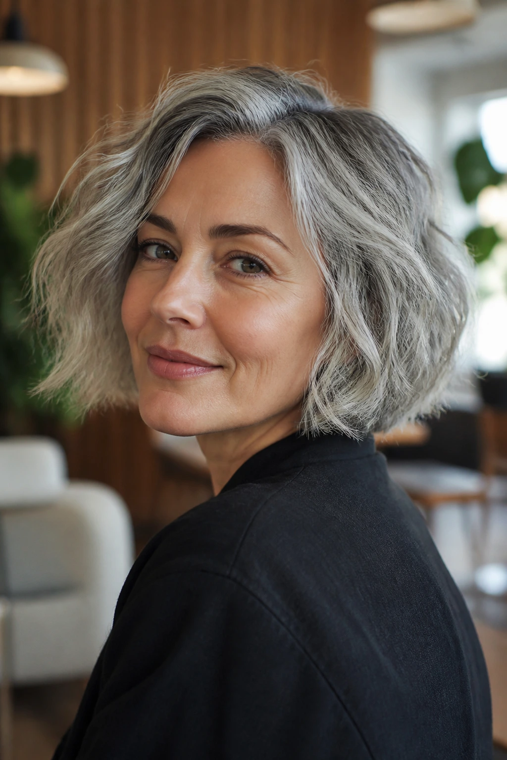 Close-up of a woman with a silver-grey undone bob in an office lounge.