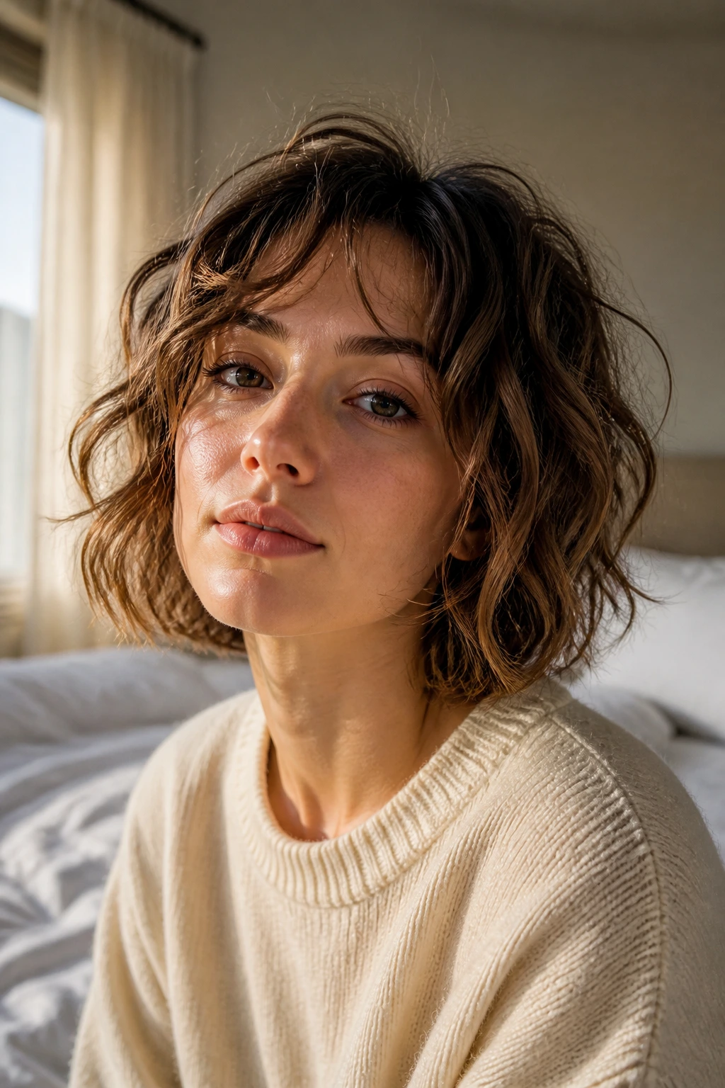 Close-up of a woman with an un-done bob and natural air-dried waves in warm morning light