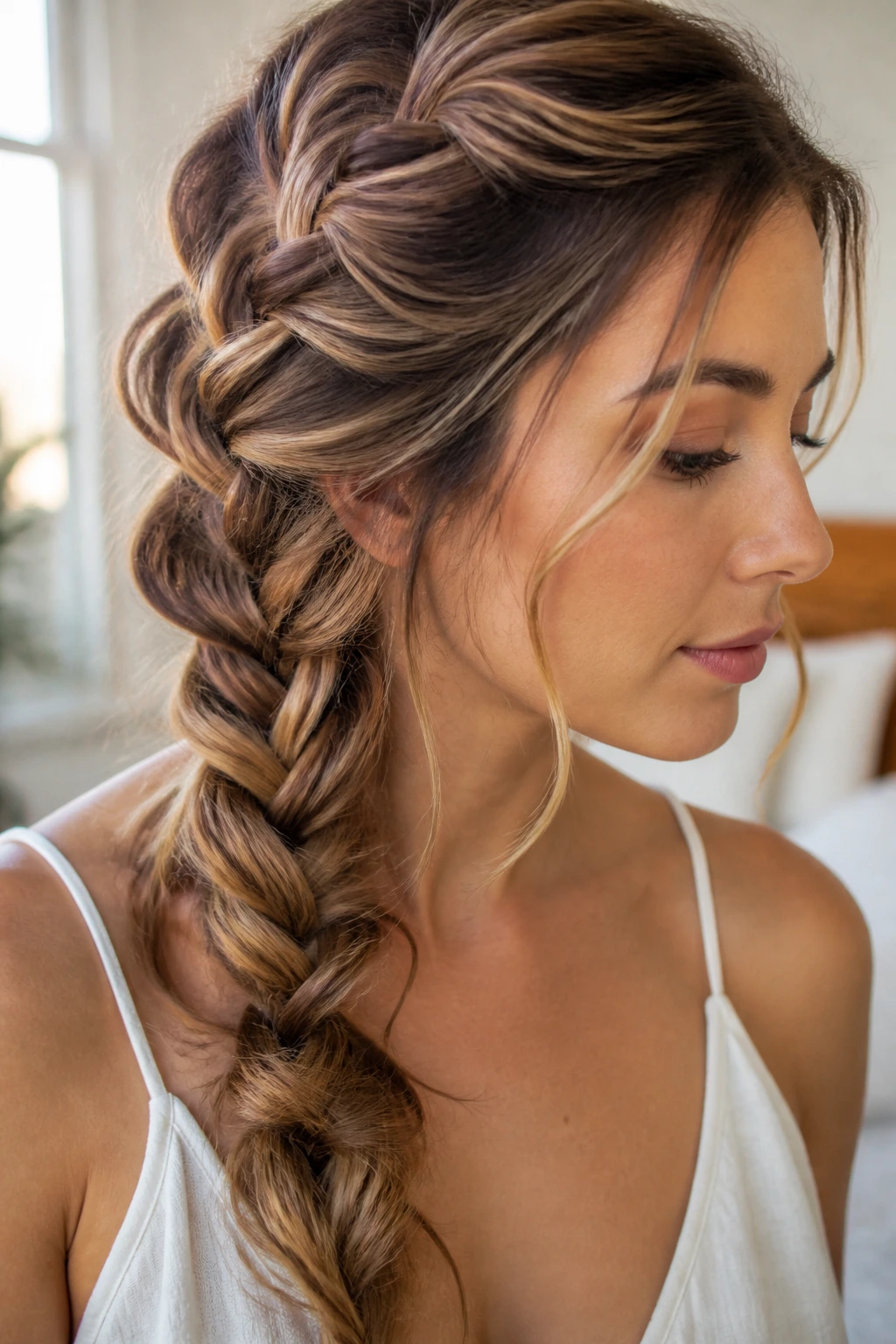 Close-up of a real woman with an undone French braid for volume
