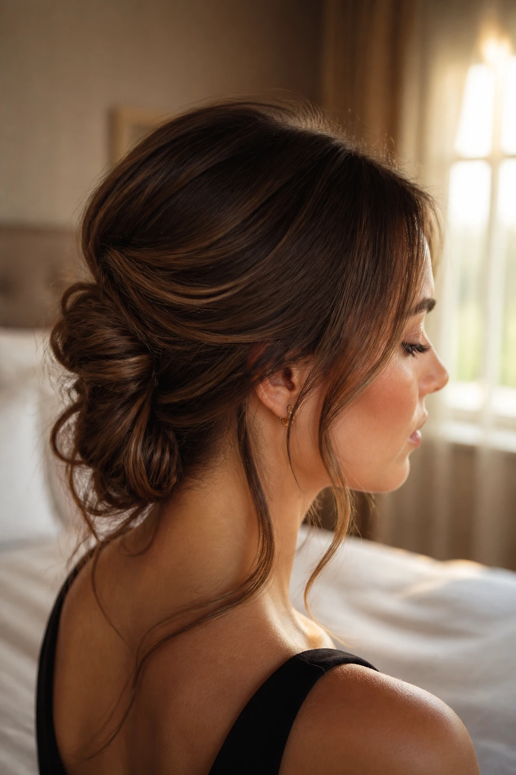 Close-up of a real woman with an undone French twist at the nape