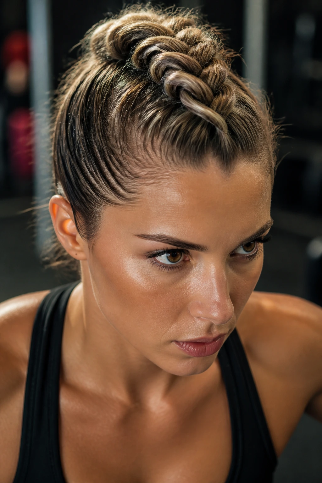 Real person wearing an undone mohawk braid in gym setting