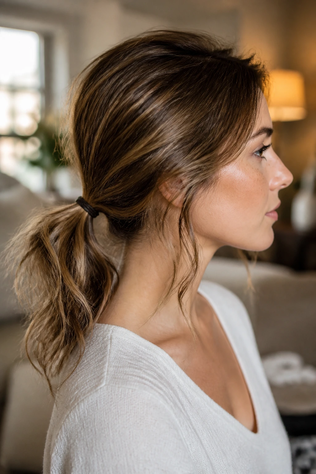 Close-up of a real person with a smooth crown and tangled mid-length into an undone ponytail