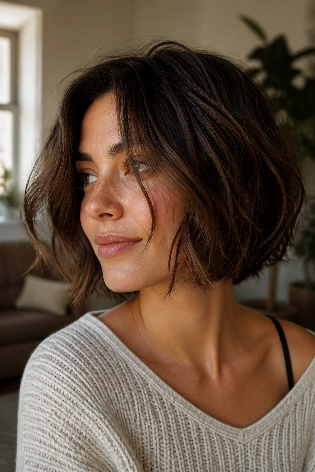 Close-up portrait of a woman with undone textured bob in natural window light.