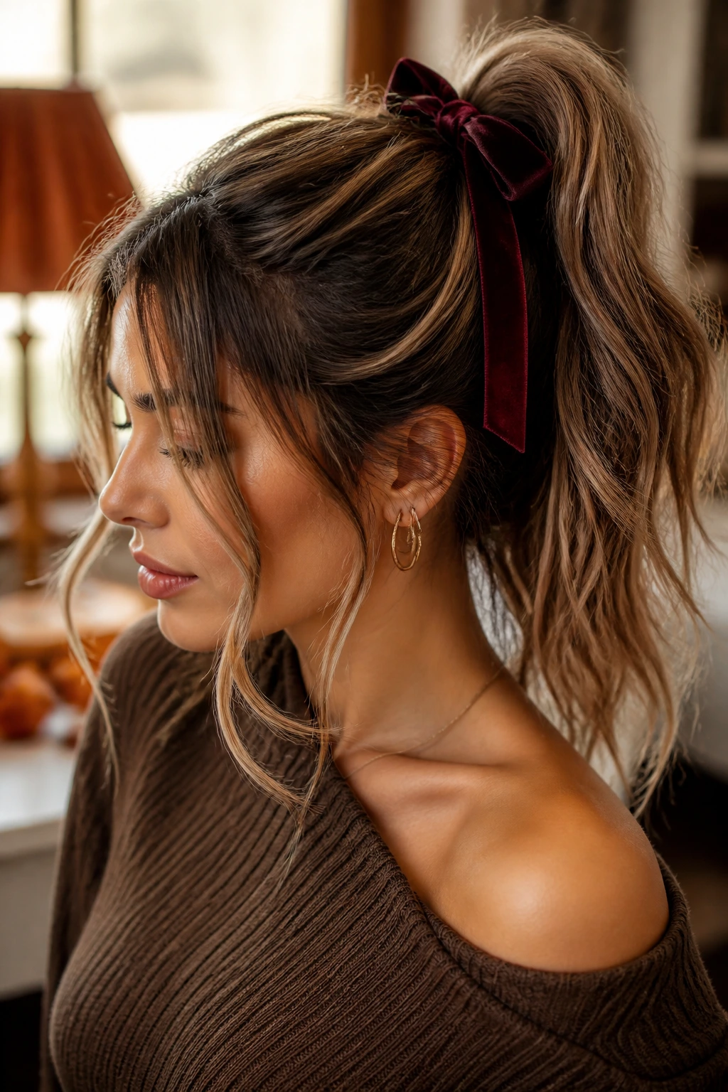 Close-up of woman with undone textured ponytail and velvet ribbon in warm autumn light