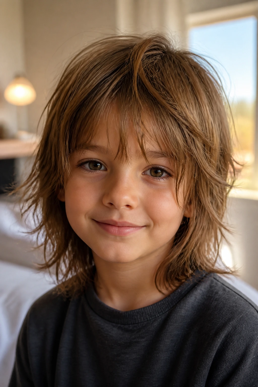 Close-up of a real child with an uneven shag hairstyle in a sunlit bedroom