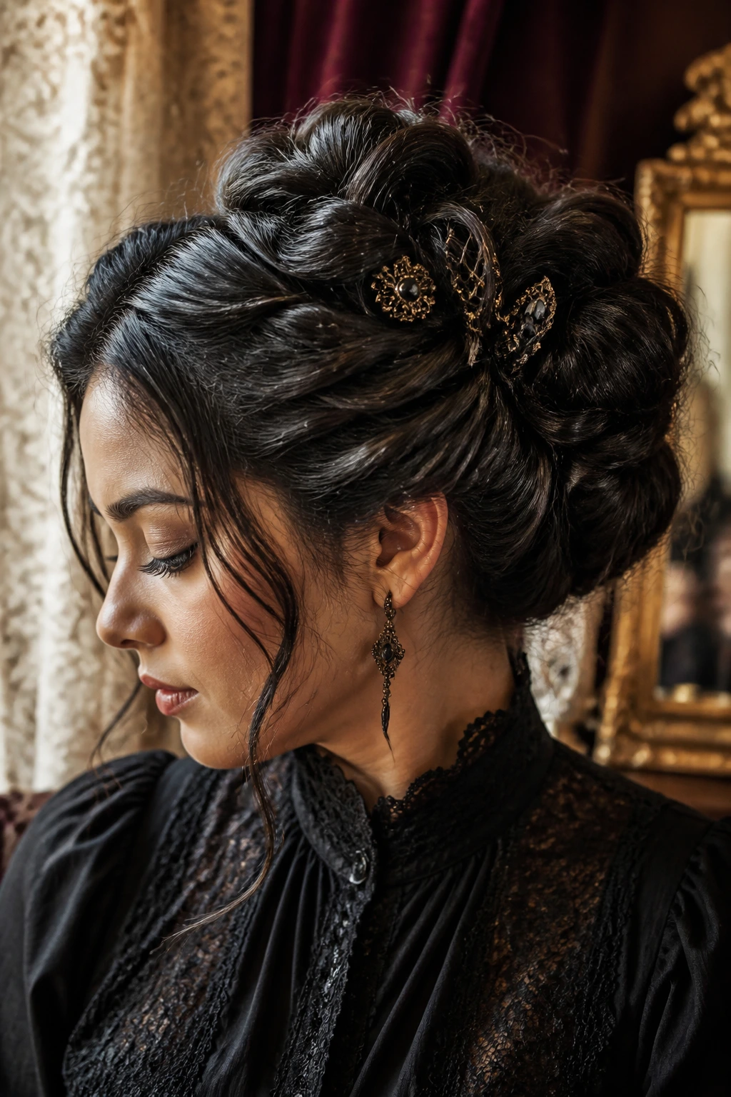 Portrait of a real Latina with an elaborate Victorian-style updo and ornate pins