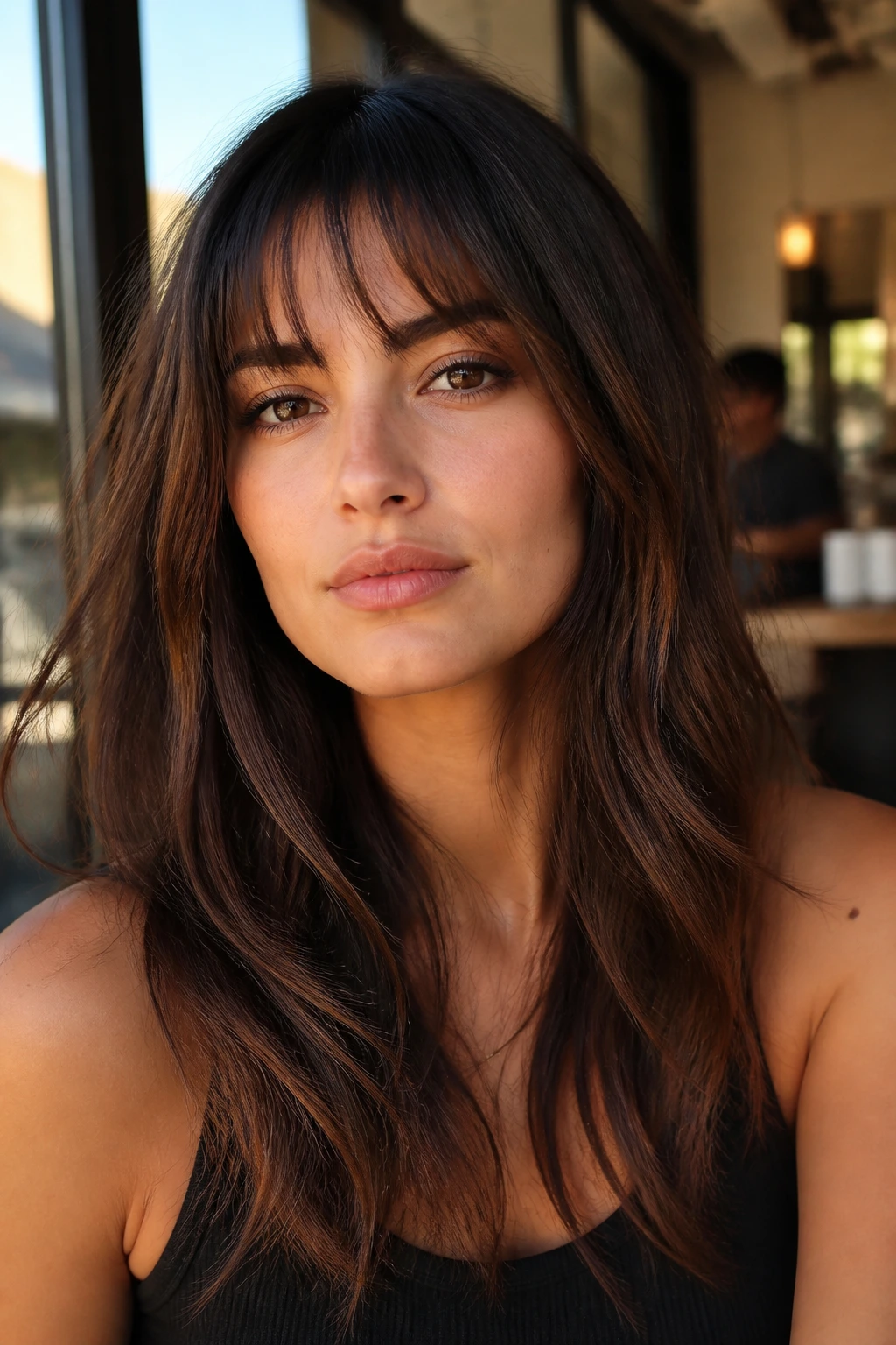 Close-up of a real woman with V-cut back and fringe under natural light
