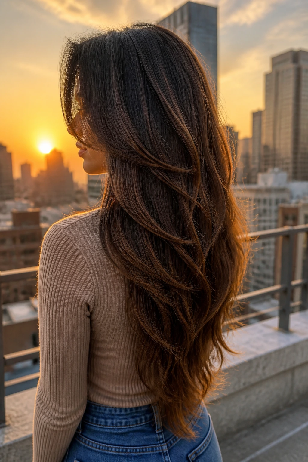 Real woman with V-cut layered hairstyle seen from side/back