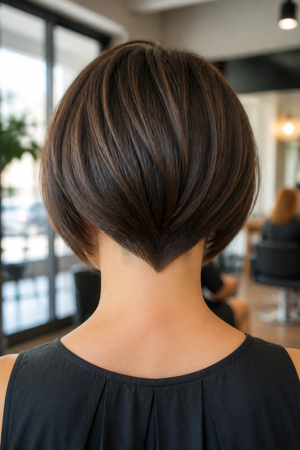 Back view of real woman with V-cut taper at the nape