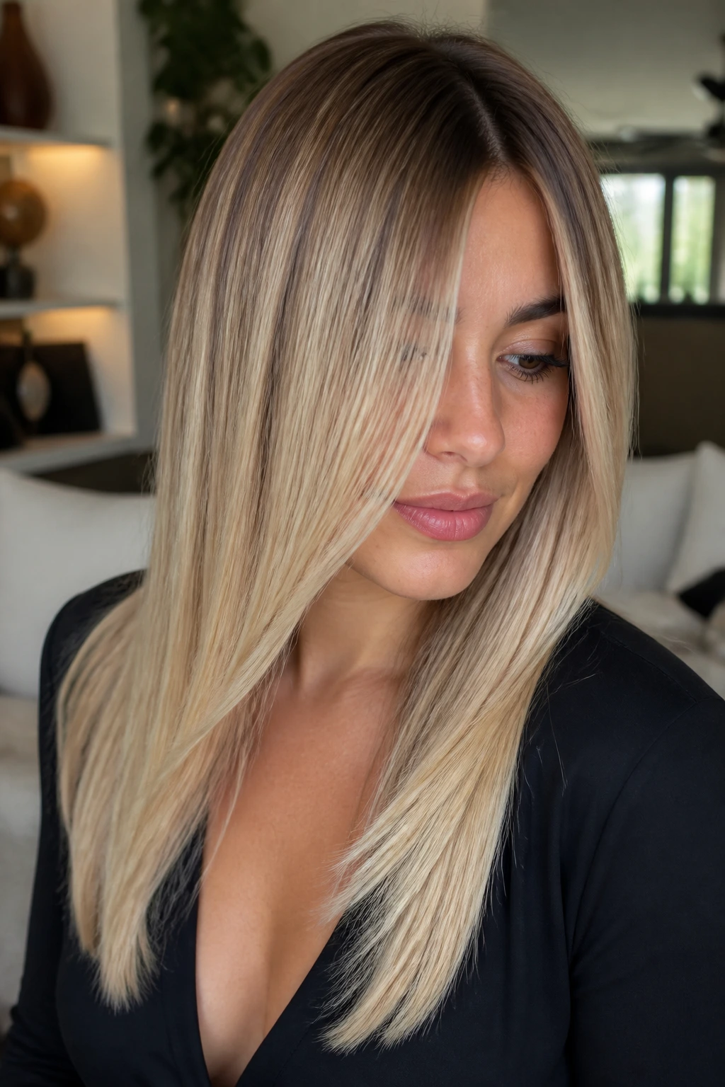 Close-up portrait of a real woman with creamy vanilla balayage in straight hair, soft natural light.