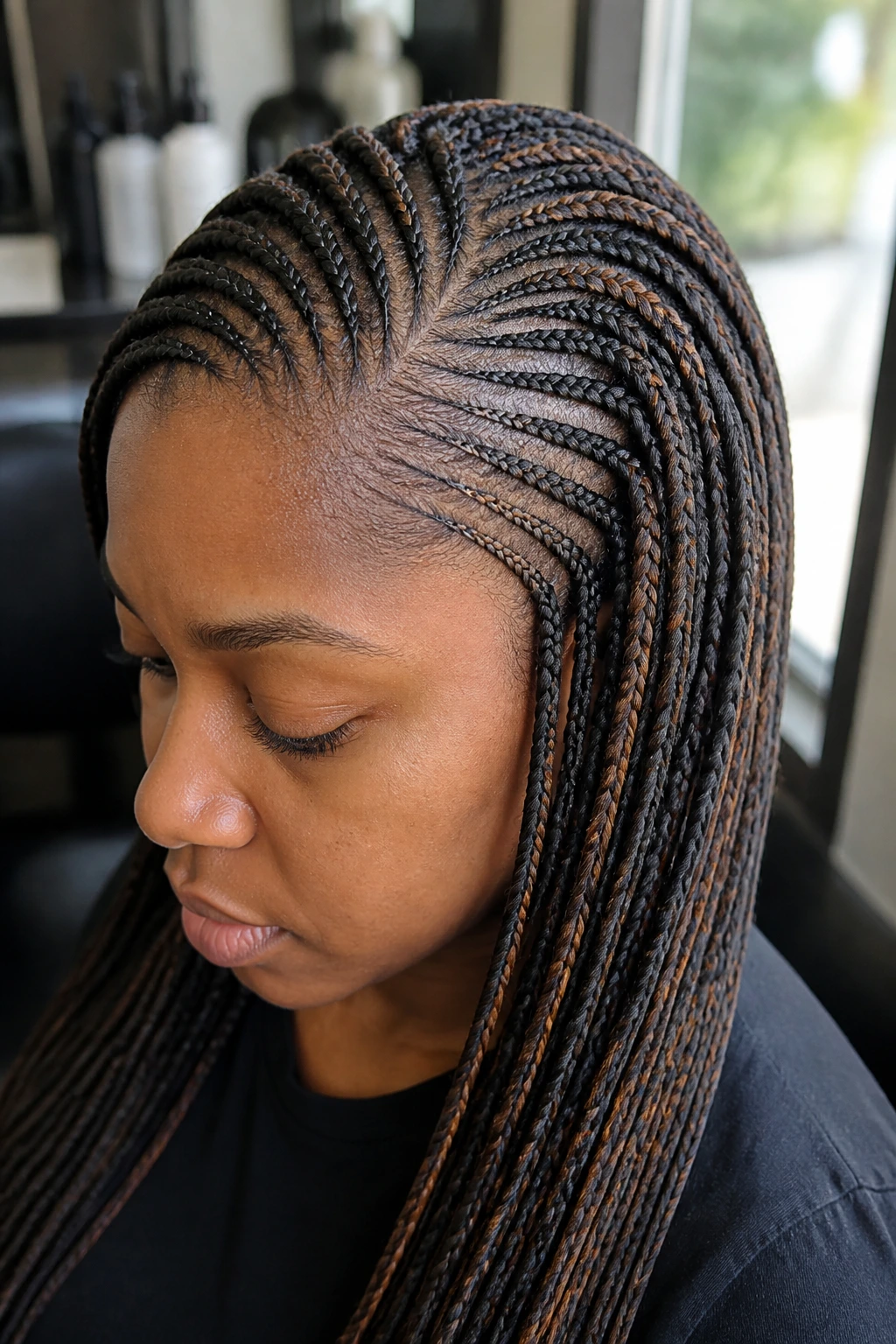 Portrait of a real woman with varied micro cornrows and color variations.