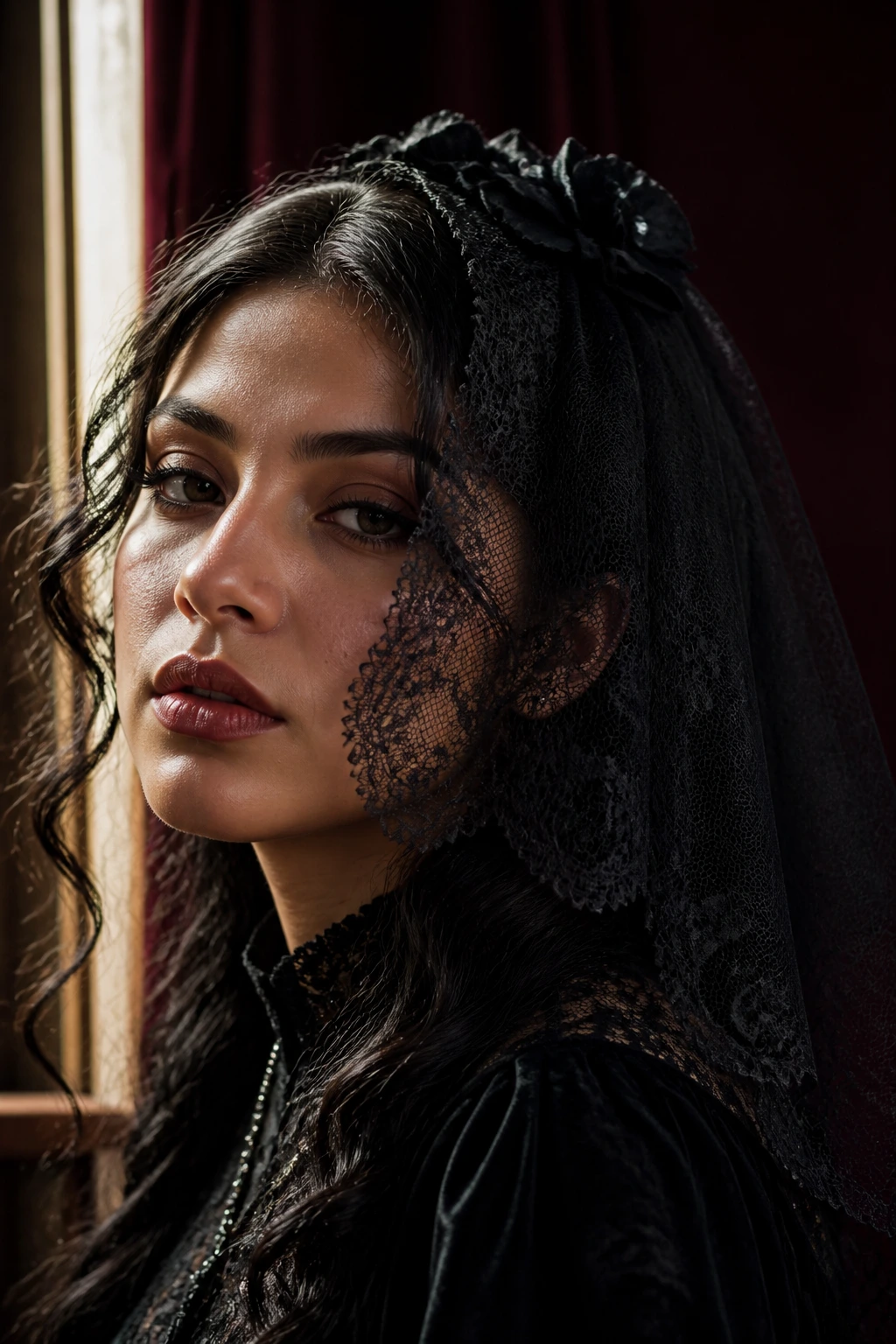 Latina woman wearing black lace veil as headpiece