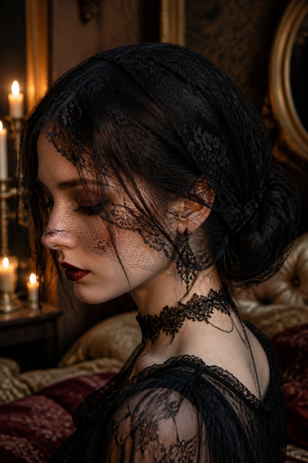 Close-up of a real woman with a lace-covered low bun creating a veil effect.