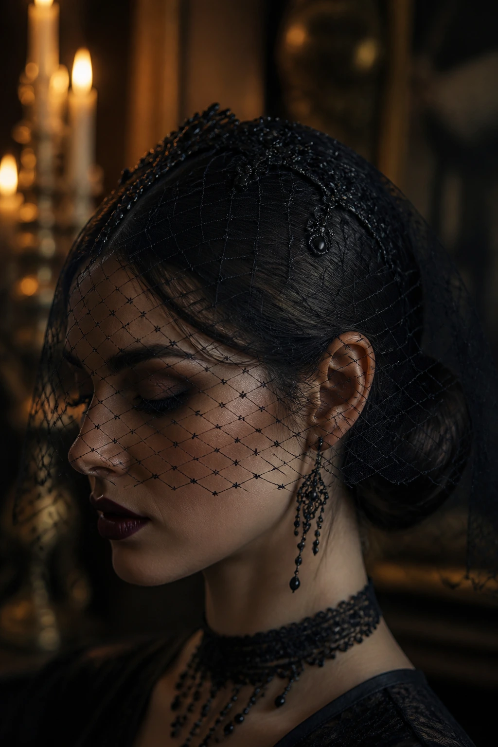Close-up of a real woman wearing an ornate veil over the crown with a sleek bun beneath in a moody setting