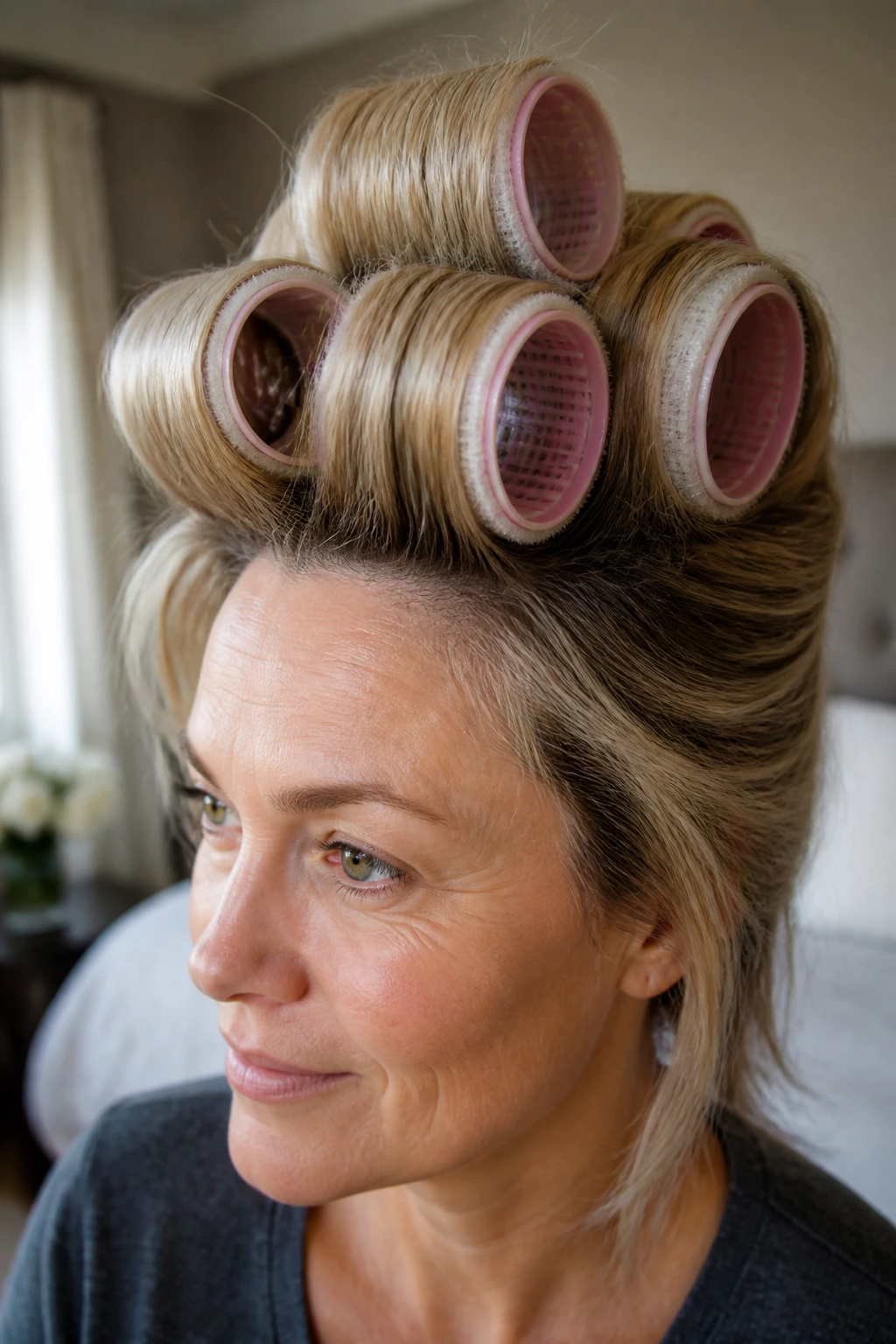 Close-up of head with velcro rollers providing lift at the crown