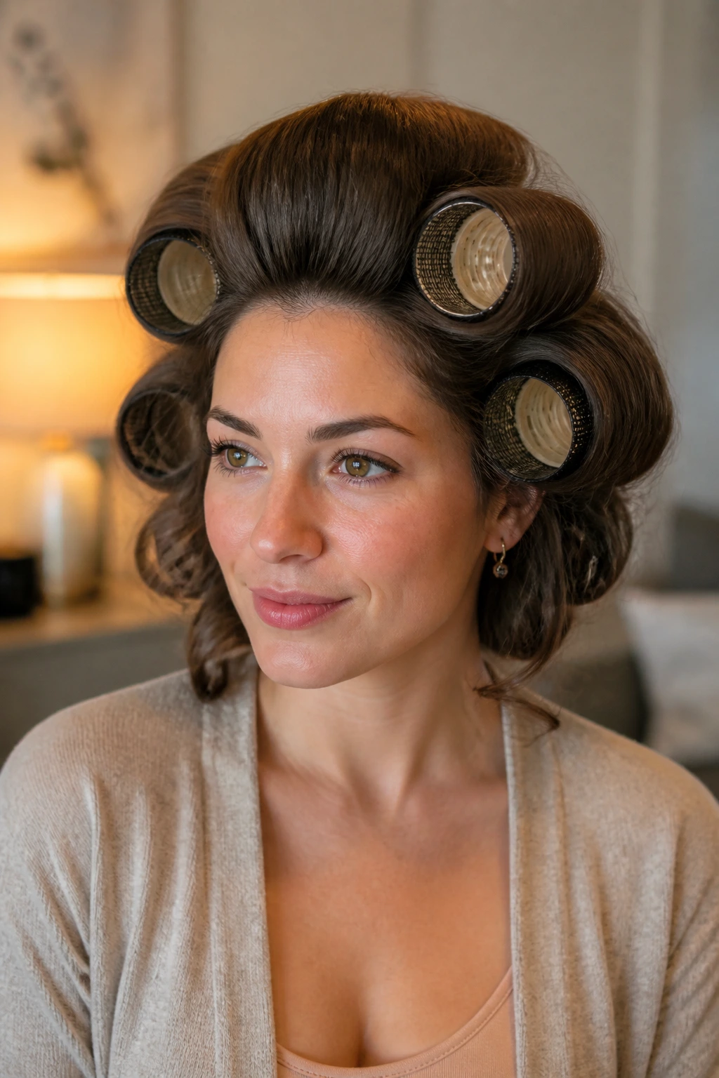 Close-up of a real woman's voluminous crown and waves after velcro roller set