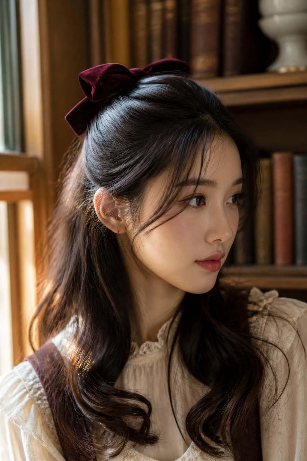 Close-up of a real woman with a velvet bow half-up hairstyle in a library setting