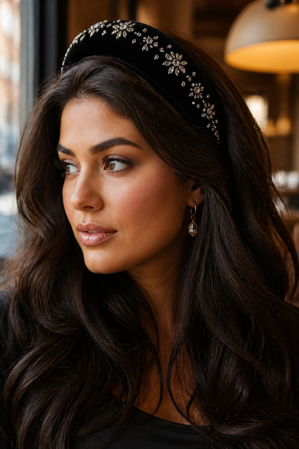 Close-up of a real woman's head wearing a velvet headband with crystals amidst thick hair