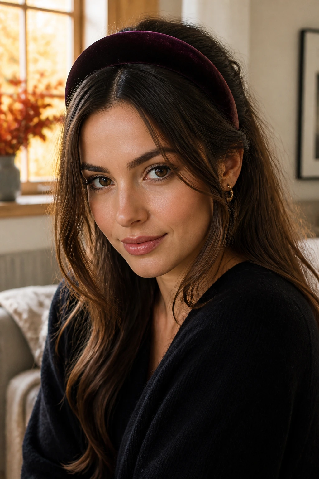 Portrait of a person wearing a velvet headband with hair softly framing the face