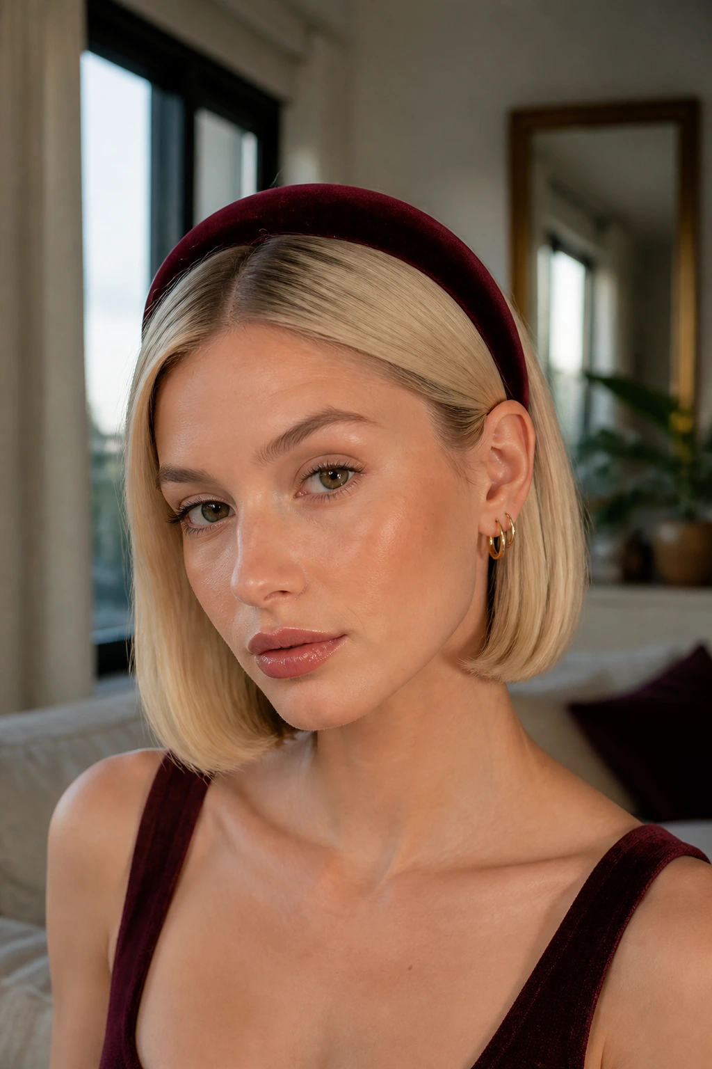 Close-up of a real woman with a sleek bob and velvet headband.