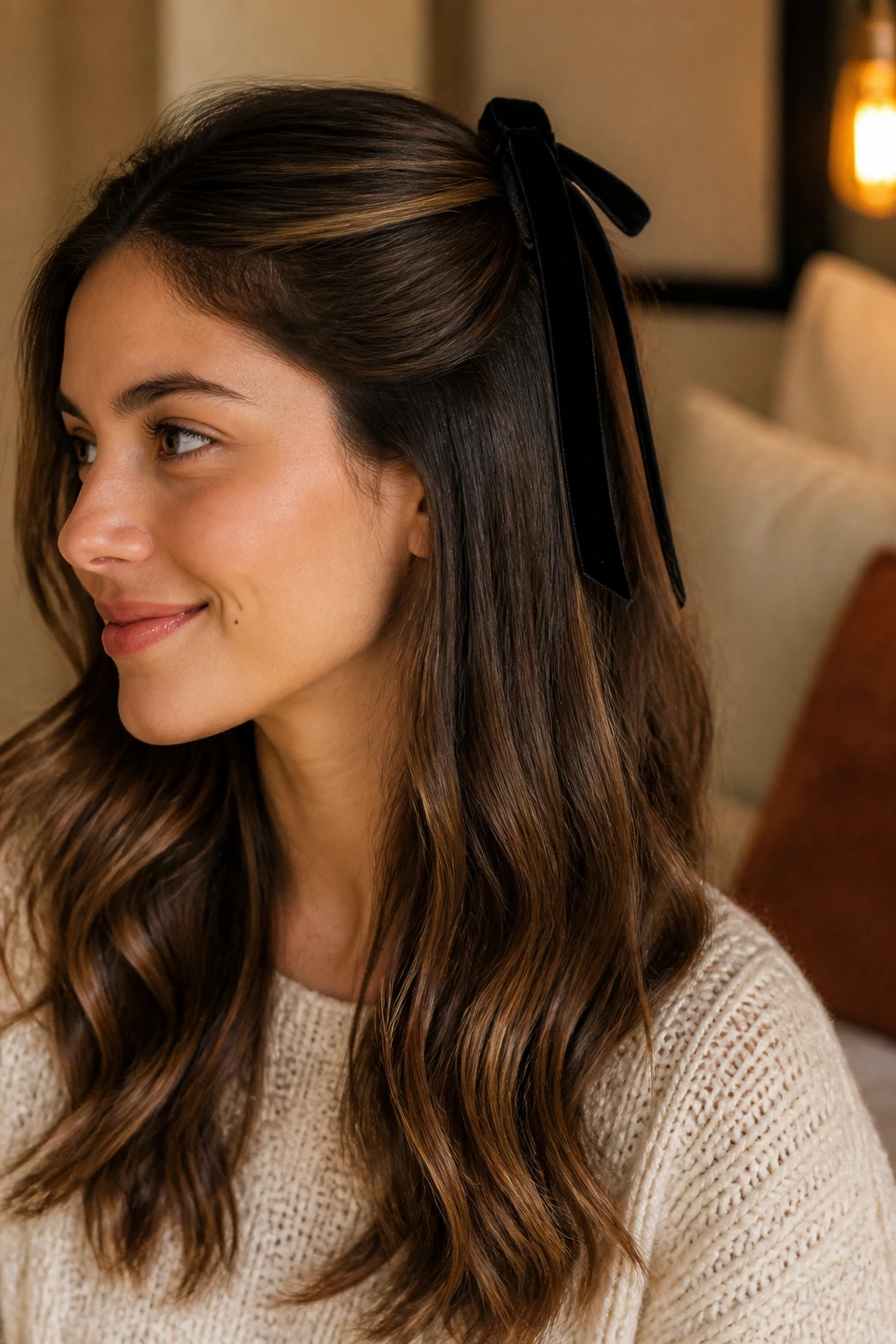 Close-up of a real woman wearing a velvet ribbon half-tie