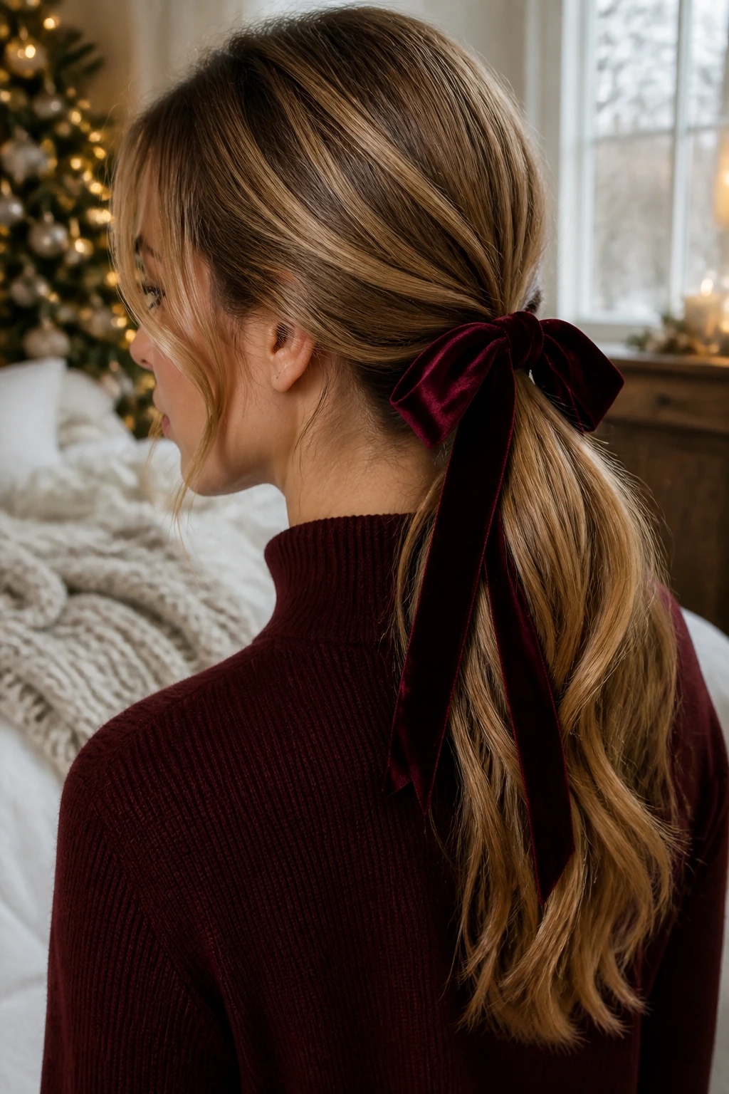 Close-up portrait of a woman in a velvet ribbon low pony, nape knot with bow, winter window light
