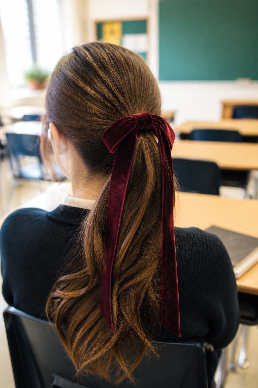 Back view of a real person with velvet ribbon tied ponytail